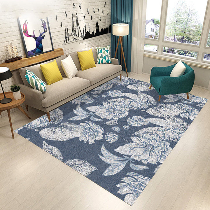 Blue and Brown Bedroom Rug Modern Botanical Flower and Leaf Pattern Area Rug Polyester Pet Friendly Rug | Bowlift