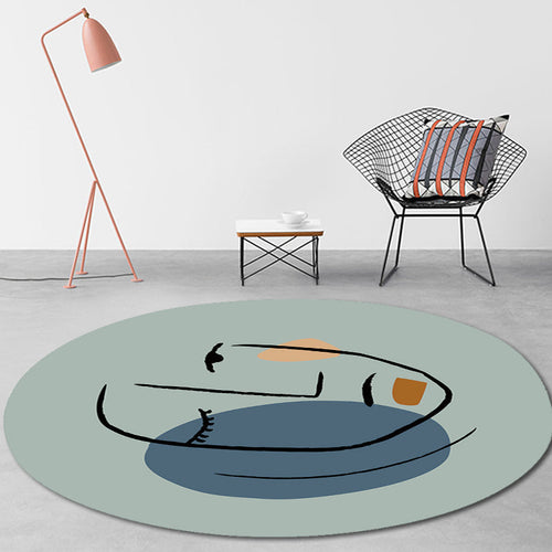BowLift | Novelty Living Room Irregular Rug in Blue Abstract Face Print Rug Polyester Pet-Friendly Area Rug