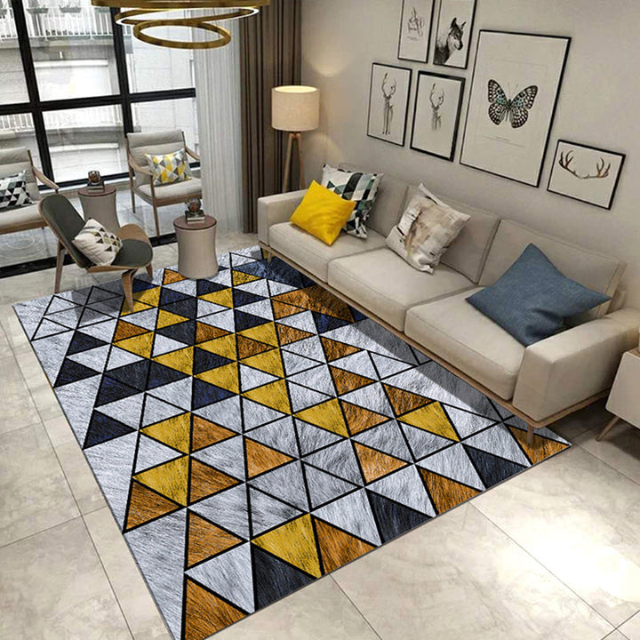 Modern living room rug in gray and blue Geometric triangle hexagon print rug Polyester anti-slip area rug | Bowlift