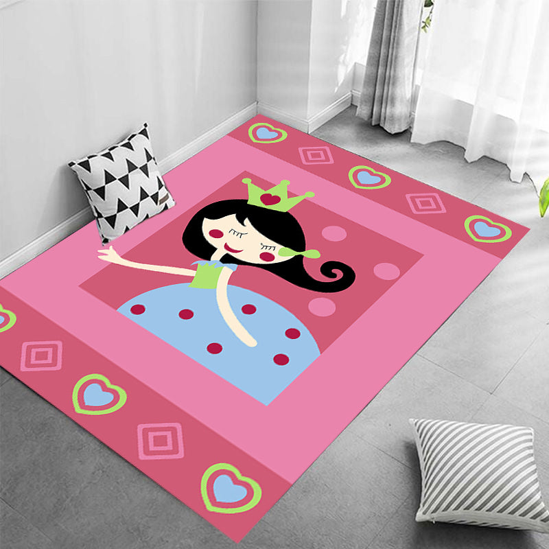 BowLift | Cute Cartoon Character Pattern Rug Pink Kids Rug Polyester Washable Pet Friendly Non-Slip Rug for the Nursery