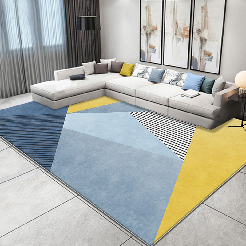 Simple color block carpet with striped pattern blue and yellow polyester carpet washable pet-friendly non-slip carpet for the living room | Bowlift