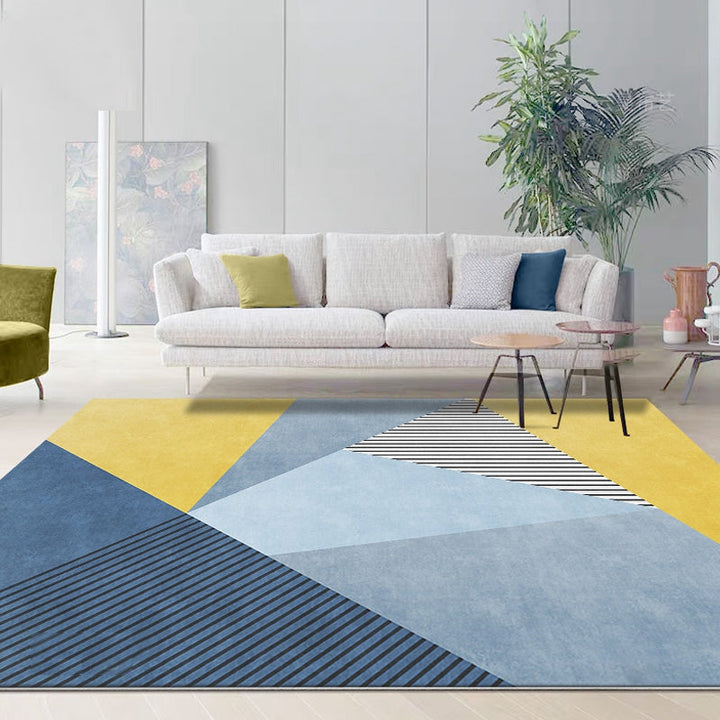 Simple color block carpet with striped pattern blue and yellow polyester carpet washable pet-friendly non-slip carpet for the living room | Bowlift