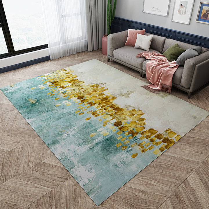 Stylish oil painting rug with tree pattern blue and gold Casual rug flannel pet-friendly washable rug for the living room | Bowlift
