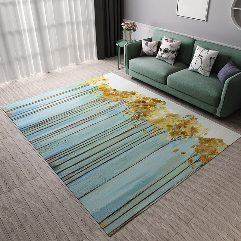 Stylish oil painting rug with tree pattern blue and gold Casual rug flannel pet-friendly washable rug for the living room | Bowlift