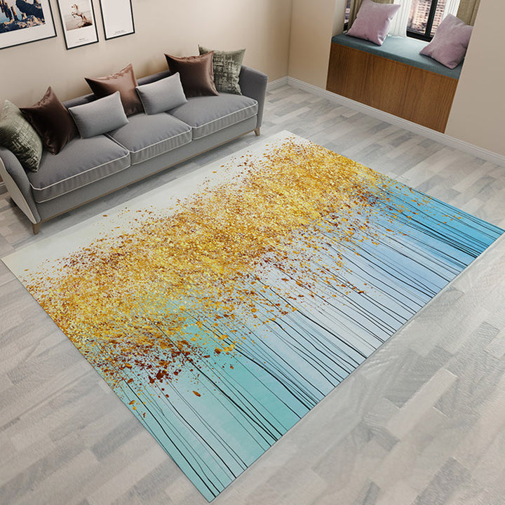 Stylish oil painting rug with tree pattern blue and gold Casual rug flannel pet-friendly washable rug for the living room | Bowlift
