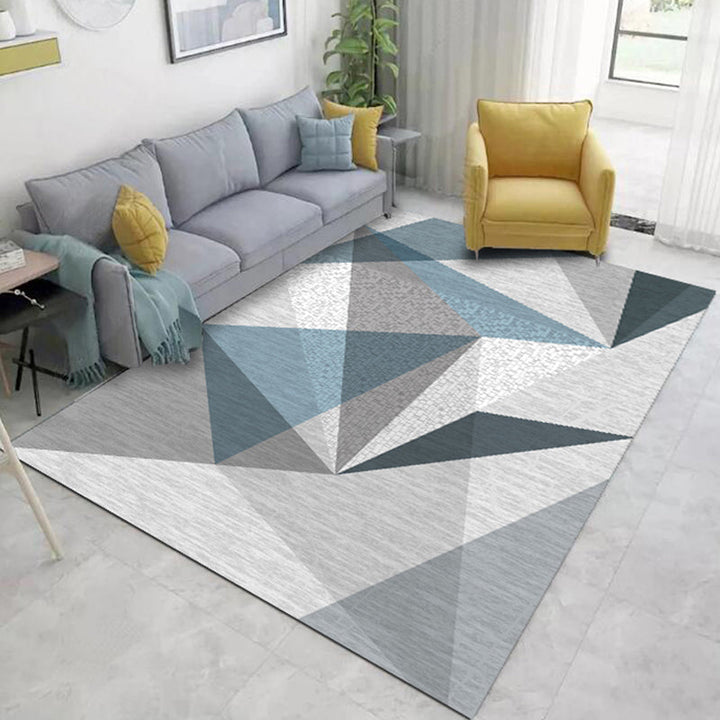 Contemporary color block geometric pattern rug blue and gray polyester rug washable pet friendly non-slip rug for the living room | Bowlift