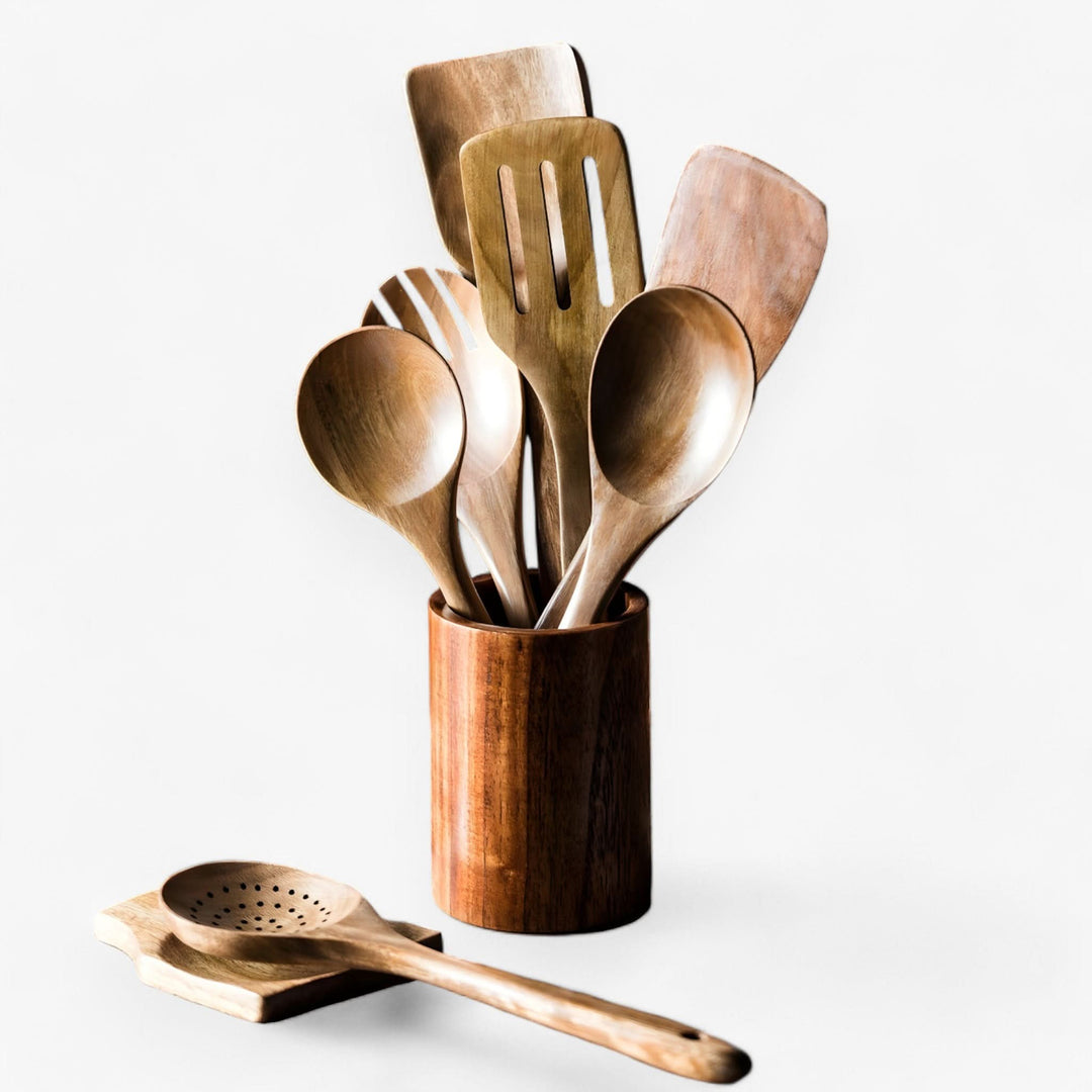 BowLift | Teak Wooden Kitchen Utensil Set with Holder