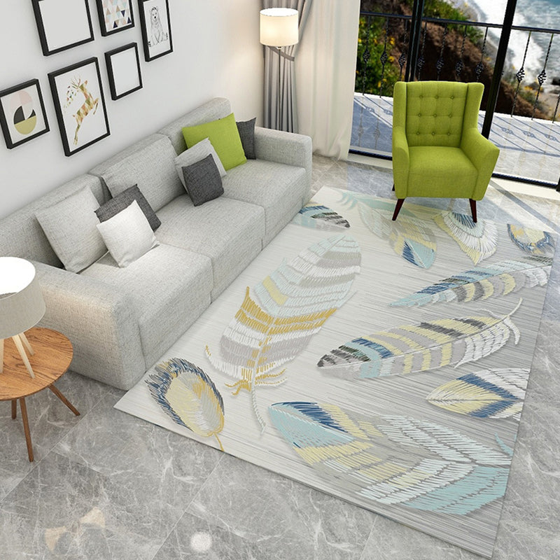 Stylish feather design rug with leaf gray contemporary rug polyester pet-friendly non-slip backing washable rug for the living room | Bowlift