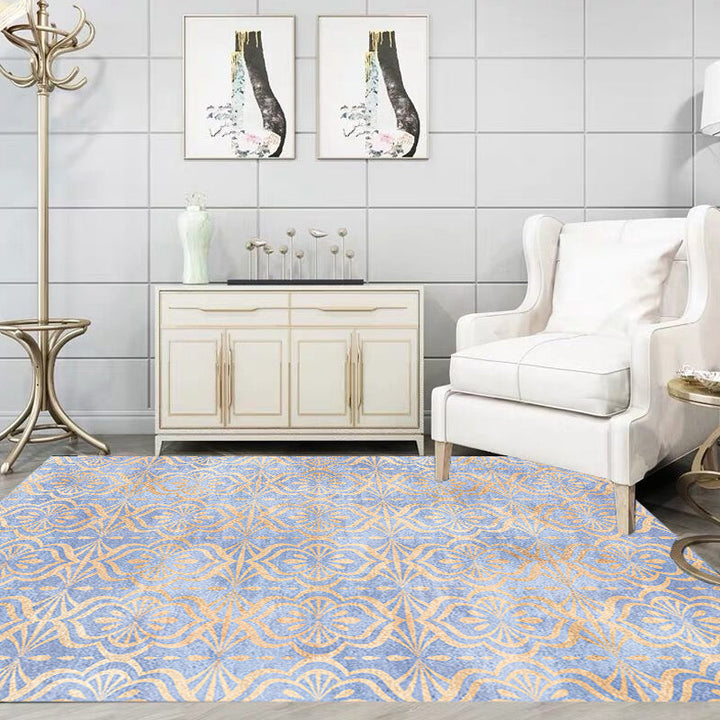 Retro Tribal Geometric Pattern Rug Brown and Blue Rug Polyester Washable Pet Friendly Non-Slip Rug for the Living Room | Bowlift