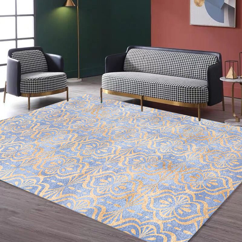 Retro Tribal Geometric Pattern Rug Brown and Blue Rug Polyester Washable Pet Friendly Non-Slip Rug for the Living Room | Bowlift