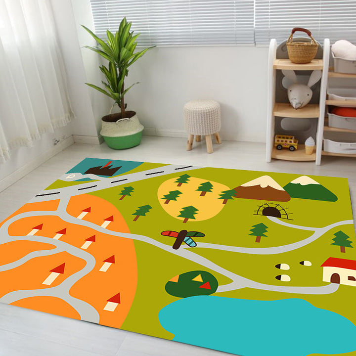 BowLift | Kids Map Pattern Rug Green Polyester Rug Washable Pet-Friendly Non-Slip Area Rug for the Children's Room
