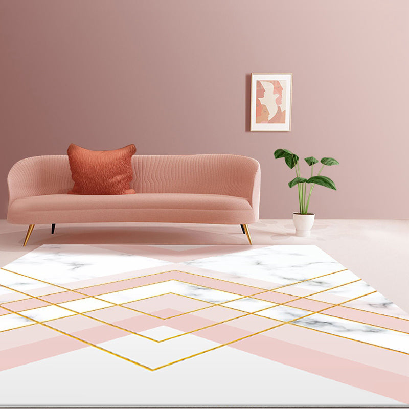 Nordic Geometric Pattern Rug Green and Pink Polyester Rug Washable Pet Friendly Non-Slip Area Rug for the Living Room | Bowlift