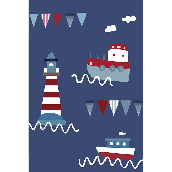 BowLift | Blue Children's Carpet Polyester Lantern and Ship Pattern Carpet Pet Friendly Washable Non-Slip Backing Carpet for Decoration
