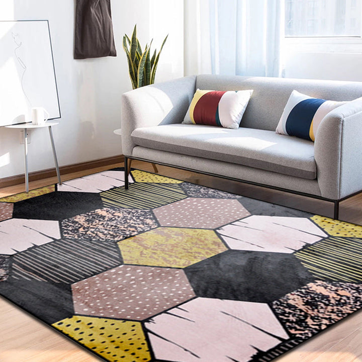 New Arrival Geometric Pattern Rug Black Polyester Rug Washable Pet-Friendly Non-Slip Area Rug for Living Room | Bowlift