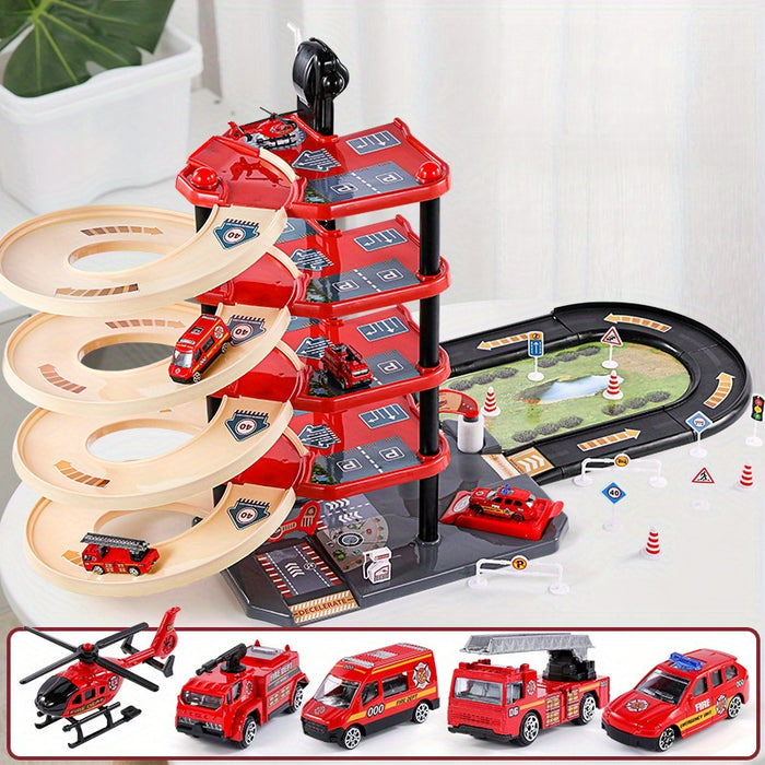 BowLift | FirePark Garage Playset – Multi-Level Fire Station with Fire Trucks & Traffic Signs for Adventurous Kids