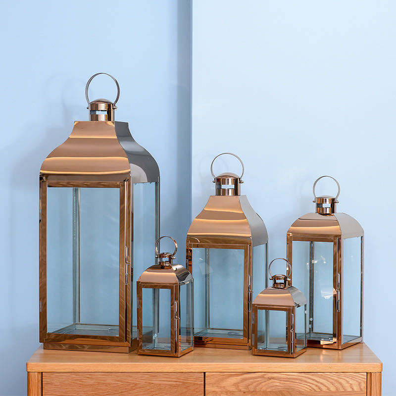 Glass-Paneled Metal Lantern Trio with Carry Rings Bowlift