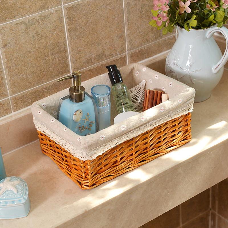 Women's storage basket with checked fabric lining and elegant lace trim Bowlift