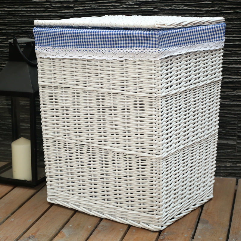Ladies laundry basket with checked fabric cover and elegant lace trim Bowlift