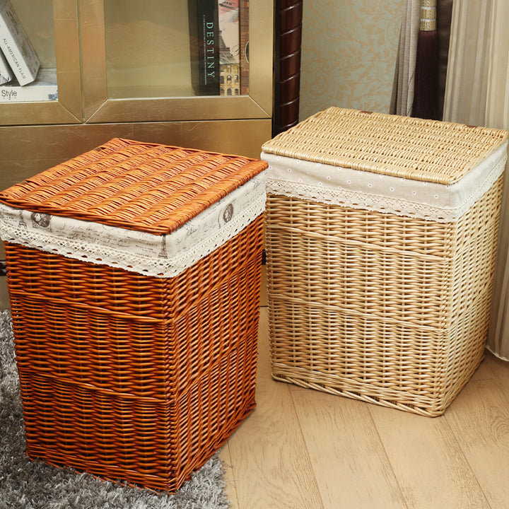 Ladies laundry basket with checked fabric cover and elegant lace trim Bowlift