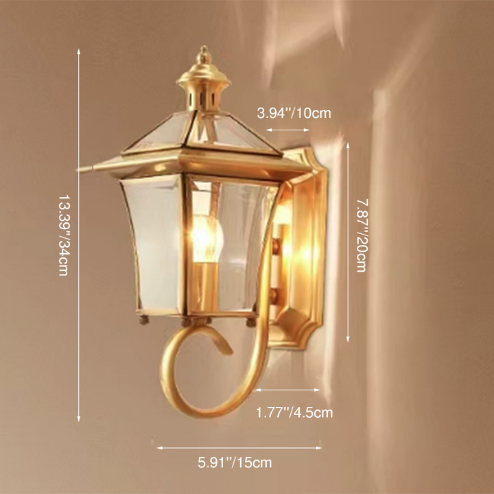 Traditional European Quadrangle Candle Holder Copper Frame Glass Shade 1-Light Wall Sconce Lamp For Garden | Bowlift