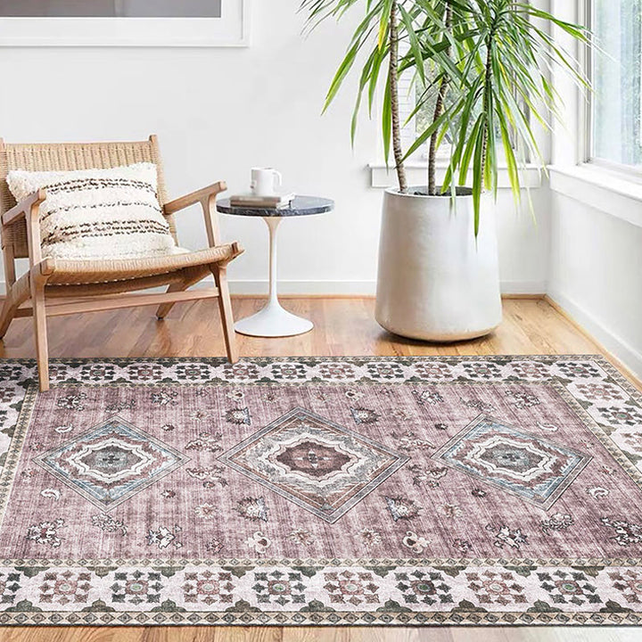 BowLift | Retro Tribal Flower Pattern Rug Pink and Gray Polyester Rug Washable Pet-Friendly Non-Slip Rug for Living Room