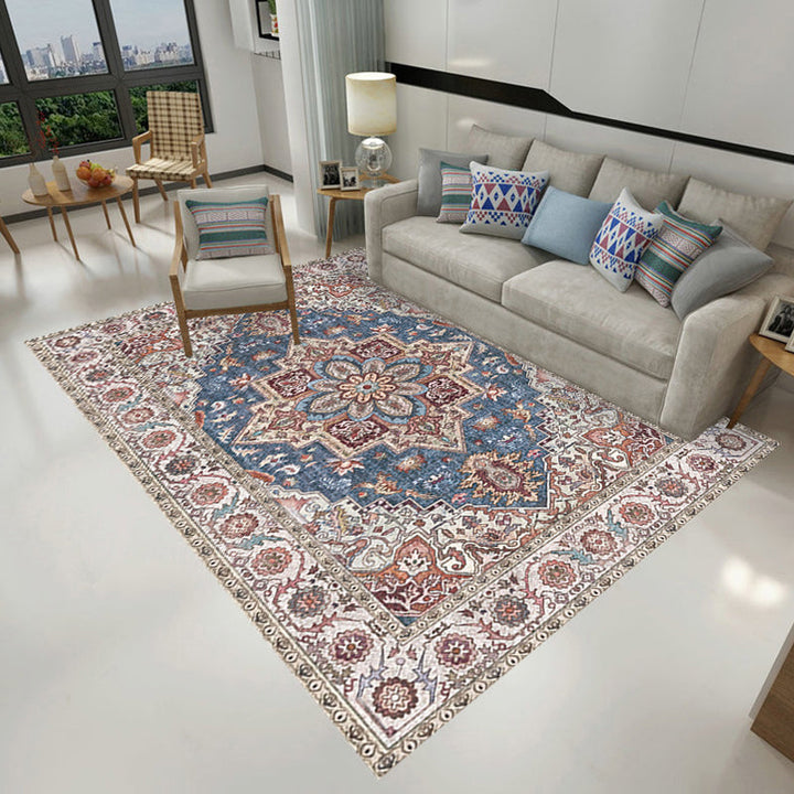 BowLift | Retro Tribal Flower Pattern Rug Pink and Gray Polyester Rug Washable Pet-Friendly Non-Slip Rug for Living Room