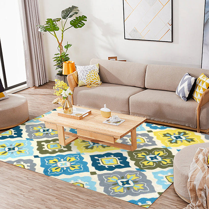 BowLift | Retro Azulejo Pattern Rug Multicolor Polyester Rug Washable Pet Friendly Non-Slip Rug for the Living Room