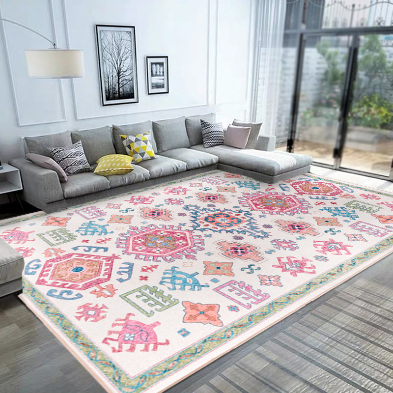White and pink bohemian rug polyester floral pattern rug pet-friendly washable non-slip backing rug for decoration | Bowlift