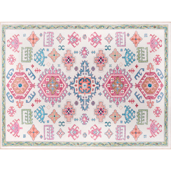 White and pink bohemian rug polyester floral pattern rug pet-friendly washable non-slip backing rug for decoration | Bowlift