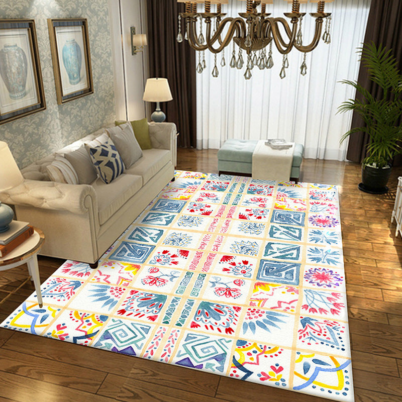 BowLift | Moroccan Azulejo Pattern Carpet Multicolor Polyester Carpet Washable Pet Friendly Non-Slip Area Rug for Living Room