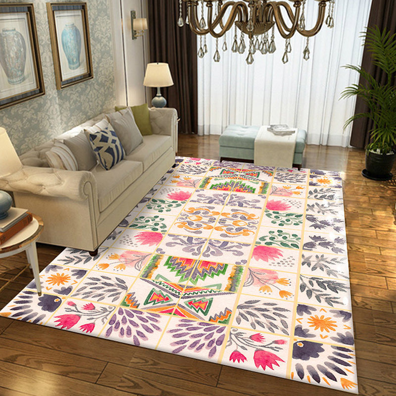 BowLift | Moroccan Azulejo Pattern Carpet Multicolor Polyester Carpet Washable Pet Friendly Non-Slip Area Rug for Living Room