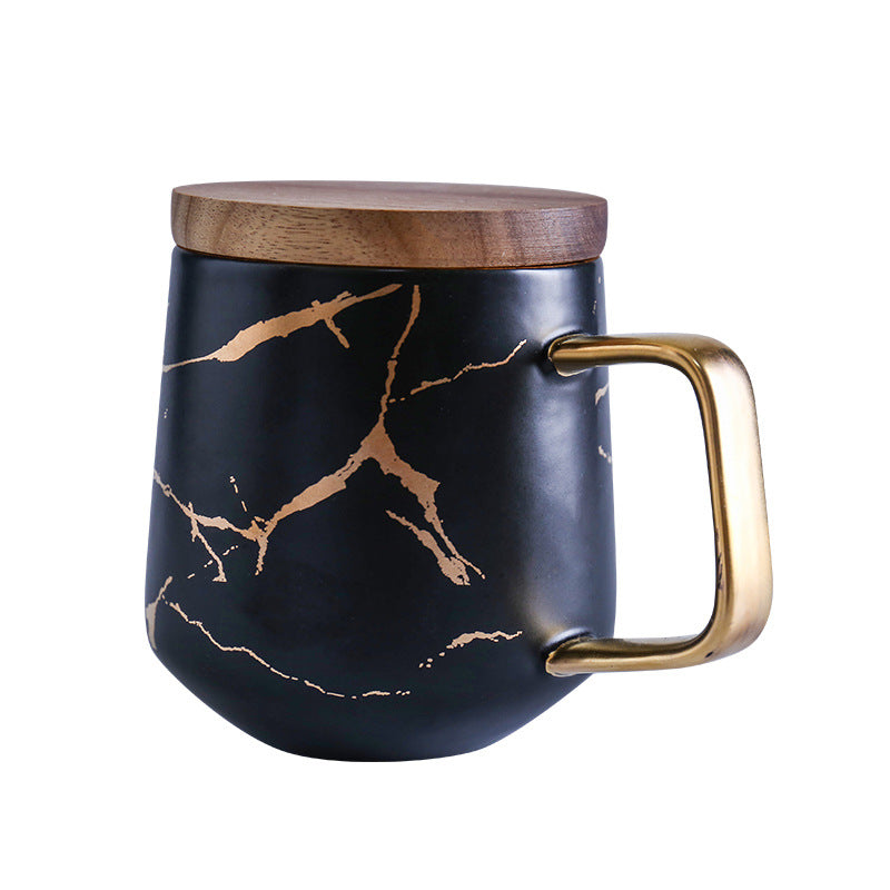 Marble Matte Gold Coffee Cup Japanese Black and White Gold Ceramic Tea Cup Mug with Wood Plate Cup and Saucer