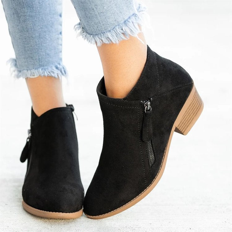 BowLift 丨 Women's Large Size Suede Martin Ankle Boots Low Thick Heel Side Zipper Rubber Sole