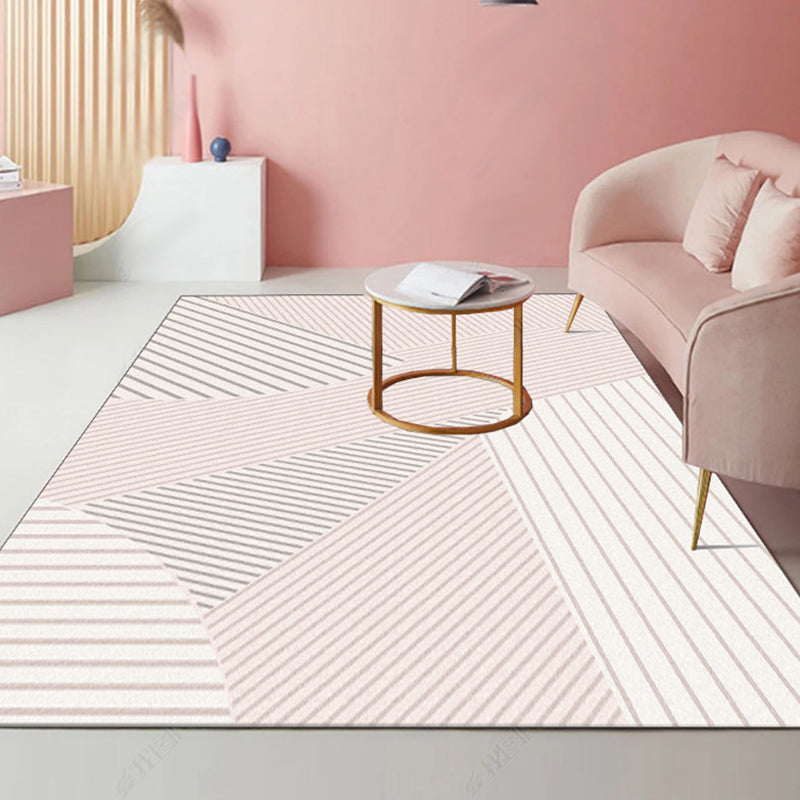 BowLift | Modernist striped pattern carpet light gray and pink polyester rug non-slip back washable pet-friendly rug for home