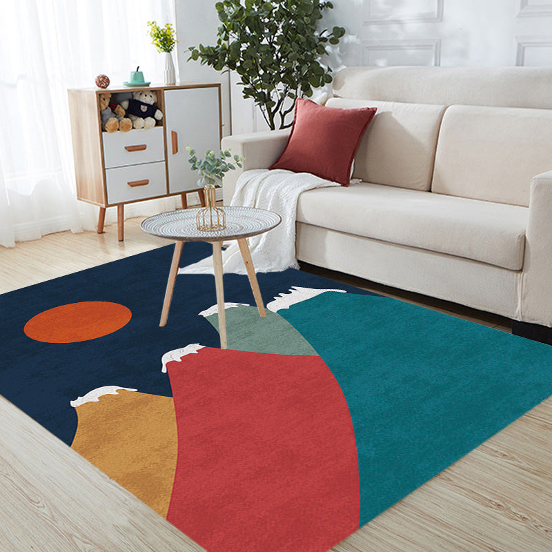 BowLift | Navy Blue Multi-Pattern Rug Polyester Oriental Rug Washable Non-Slip Pet-Friendly Area Rug for the Living Room