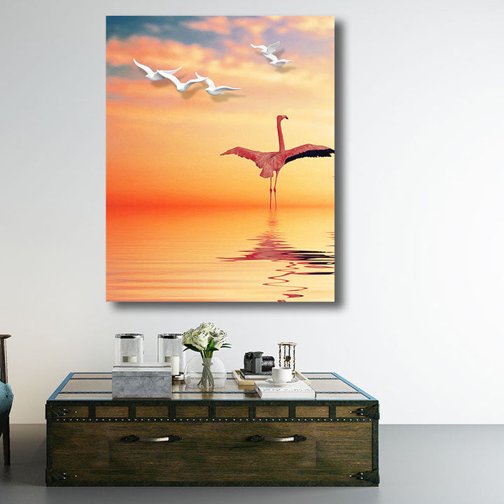 BowLift | Tropical Flamingo and Seagull Canvas Orange Decorative Art Print for Living Room