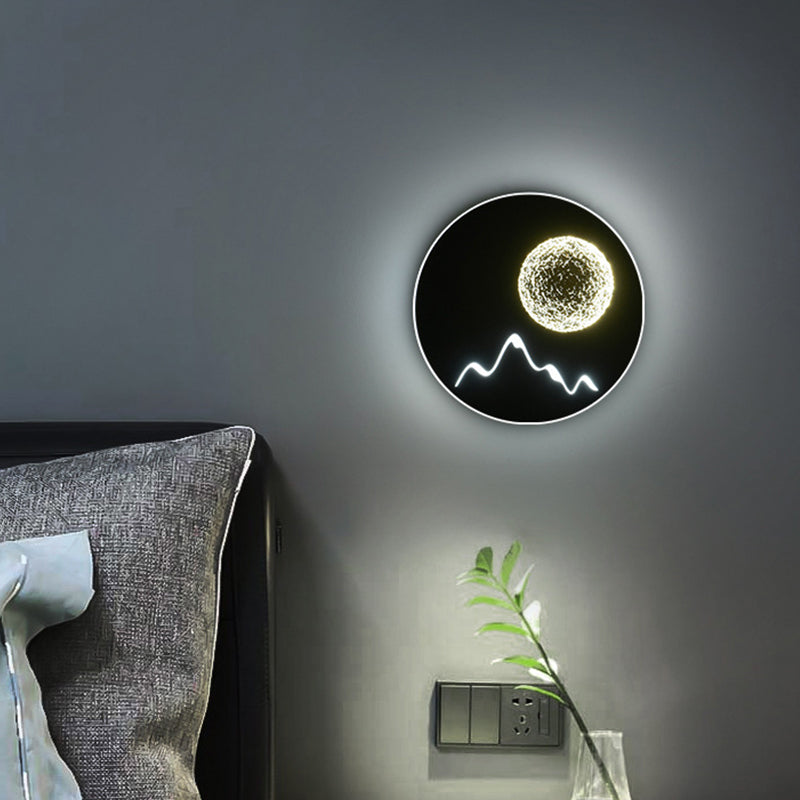 BowLift | Mini Round/Rectangle Slim LED Ceiling Light Nordic Metal Bedroom Wall Lamp Sconces in Black/White/Grey with Full Moon Mountain Pattern