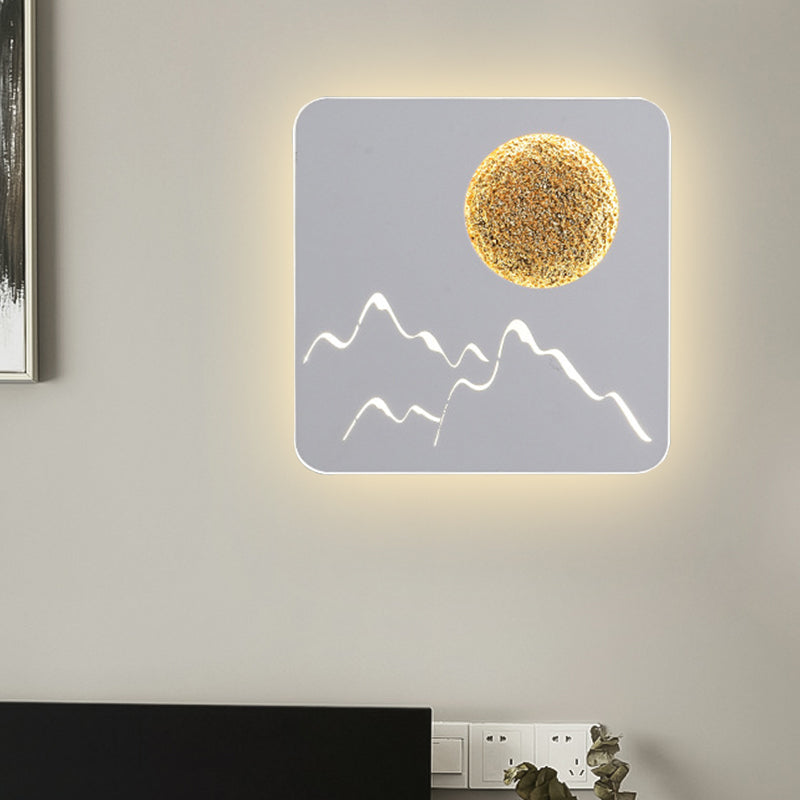 BowLift | Mini Round/Rectangle Slim LED Ceiling Light Nordic Metal Bedroom Wall Lamp Sconces in Black/White/Grey with Full Moon Mountain Pattern