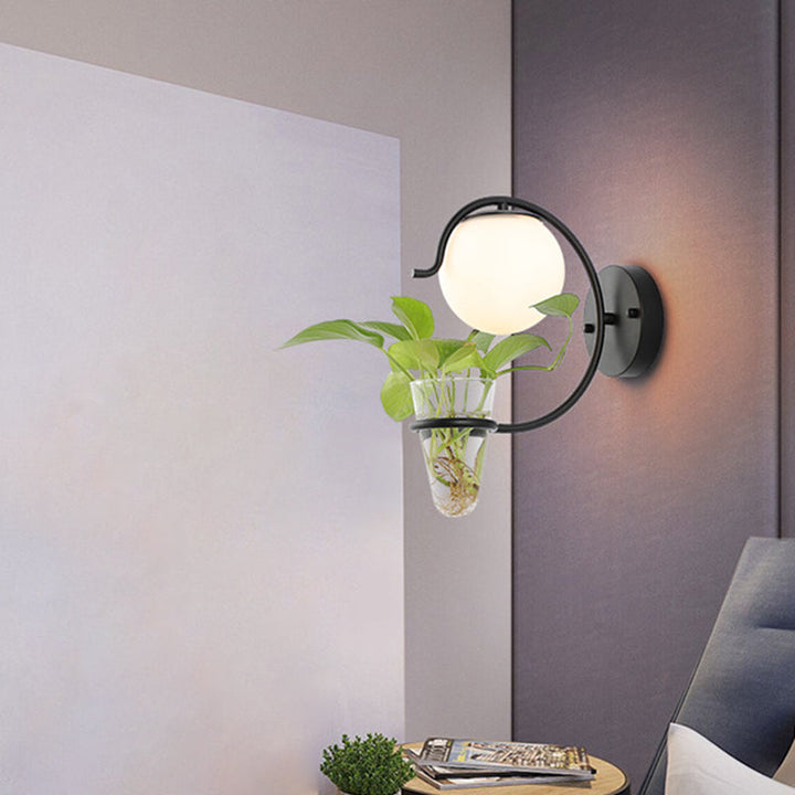 BowLift | Cream/Smoke Gray Glass Orb Wall Lamp Vintage 1-Light Bedroom Wall Lamp in Black/Gold with C-Shaped Arm and Plant Pot