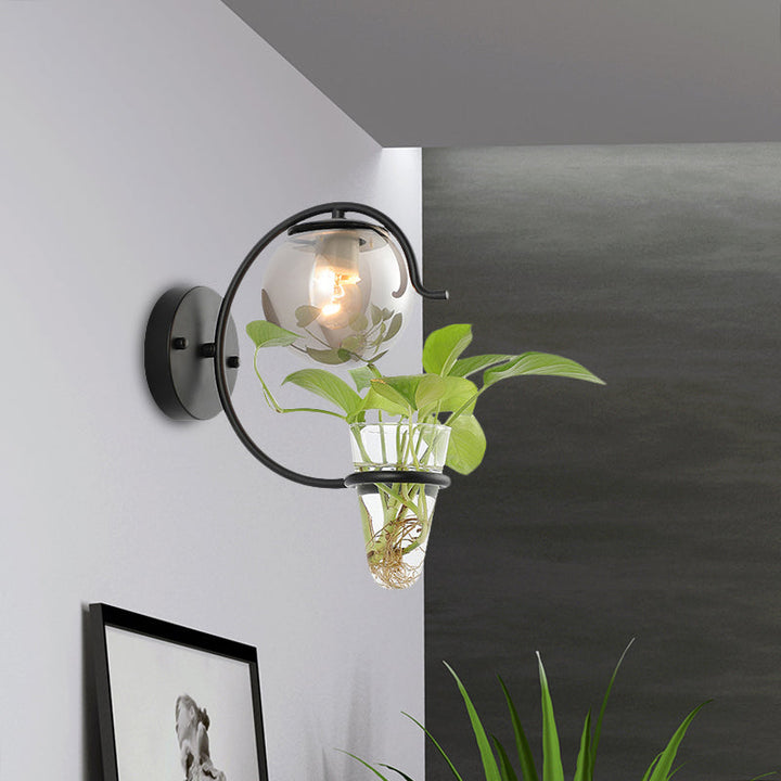 BowLift | Cream/Smoke Gray Glass Orb Wall Lamp Vintage 1-Light Bedroom Wall Lamp in Black/Gold with C-Shaped Arm and Plant Pot