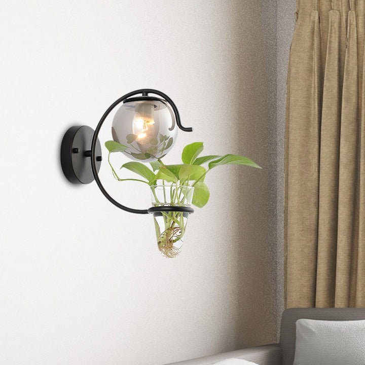 BowLift | Cream/Smoke Gray Glass Orb Wall Lamp Vintage 1-Light Bedroom Wall Lamp in Black/Gold with C-Shaped Arm and Plant Pot