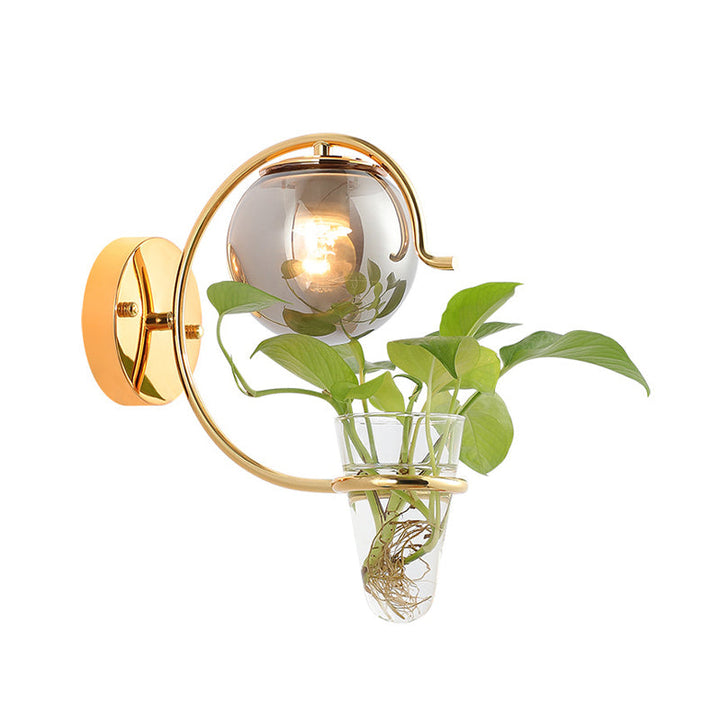 BowLift | Cream/Smoke Gray Glass Orb Wall Lamp Vintage 1-Light Bedroom Wall Lamp in Black/Gold with C-Shaped Arm and Plant Pot