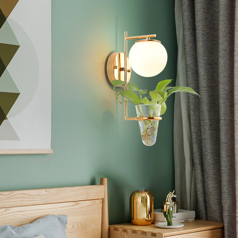 BowLift | Gold/Black Globe Wall Light Antique Cream/Smoke Grey Glass 1-Head Bedroom Wall Lamp with Clear Glass Plant Cup