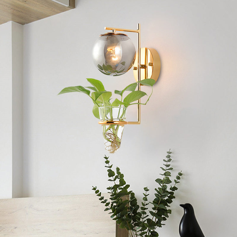 BowLift | Gold/Black Globe Wall Light Antique Cream/Smoke Grey Glass 1-Head Bedroom Wall Lamp with Clear Glass Plant Cup