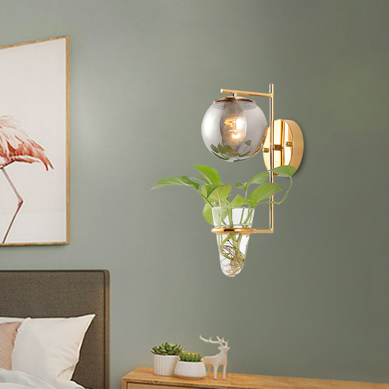 BowLift | Gold/Black Globe Wall Light Antique Cream/Smoke Grey Glass 1-Head Bedroom Wall Lamp with Clear Glass Plant Cup