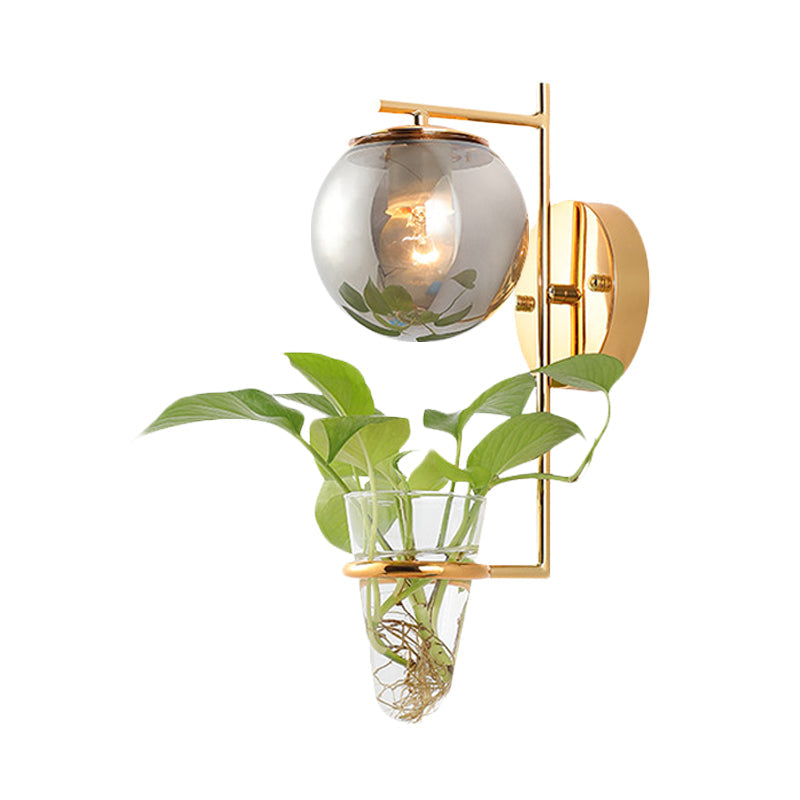 BowLift | Gold/Black Globe Wall Light Antique Cream/Smoke Grey Glass 1-Head Bedroom Wall Lamp with Clear Glass Plant Cup