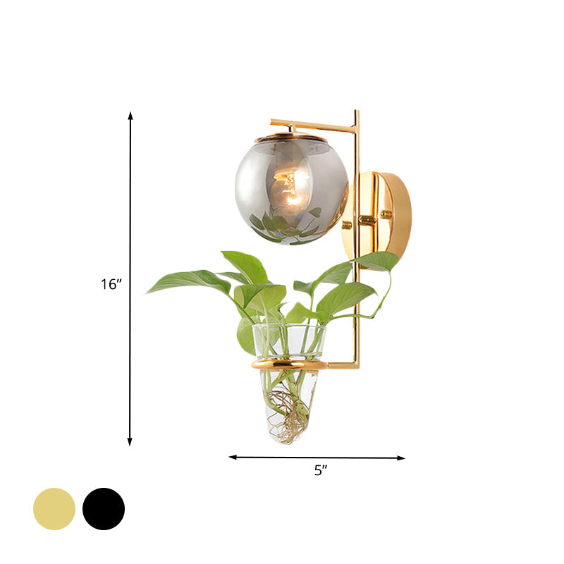 BowLift | Gold/Black Globe Wall Light Antique Cream/Smoke Grey Glass 1-Head Bedroom Wall Lamp with Clear Glass Plant Cup