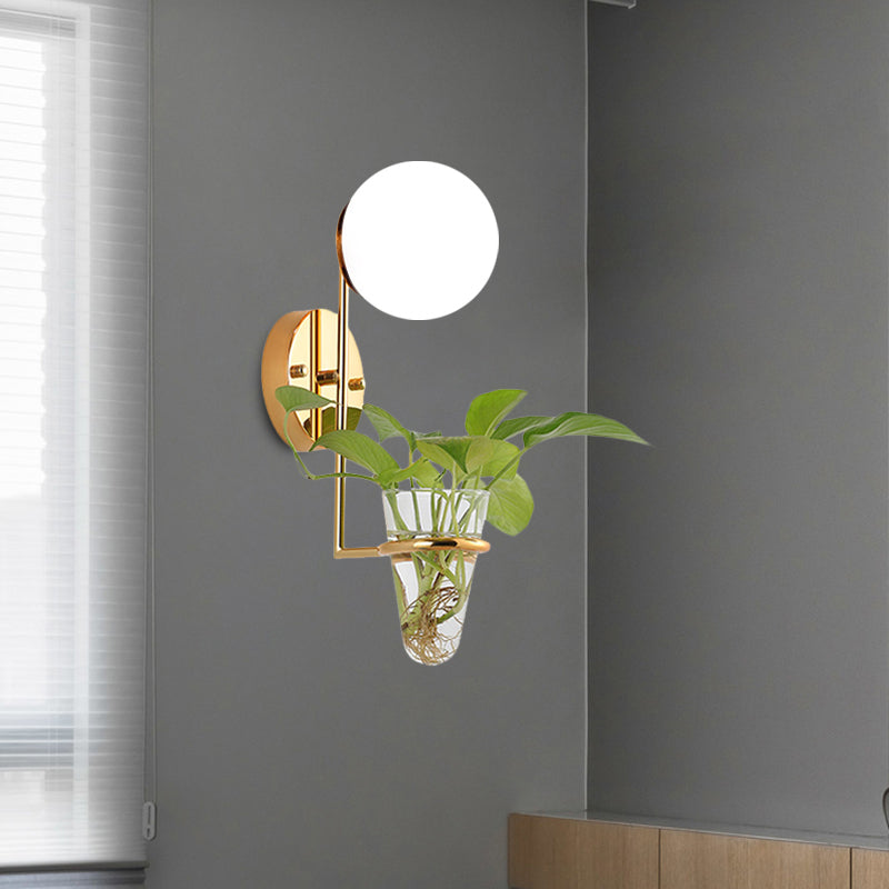 BowLift | 1 Bulb Wall Lamp Industrial Global Cream/Smoke Grey Glass Wall Light in Black/Gold with Clear Glass Plant Cup
