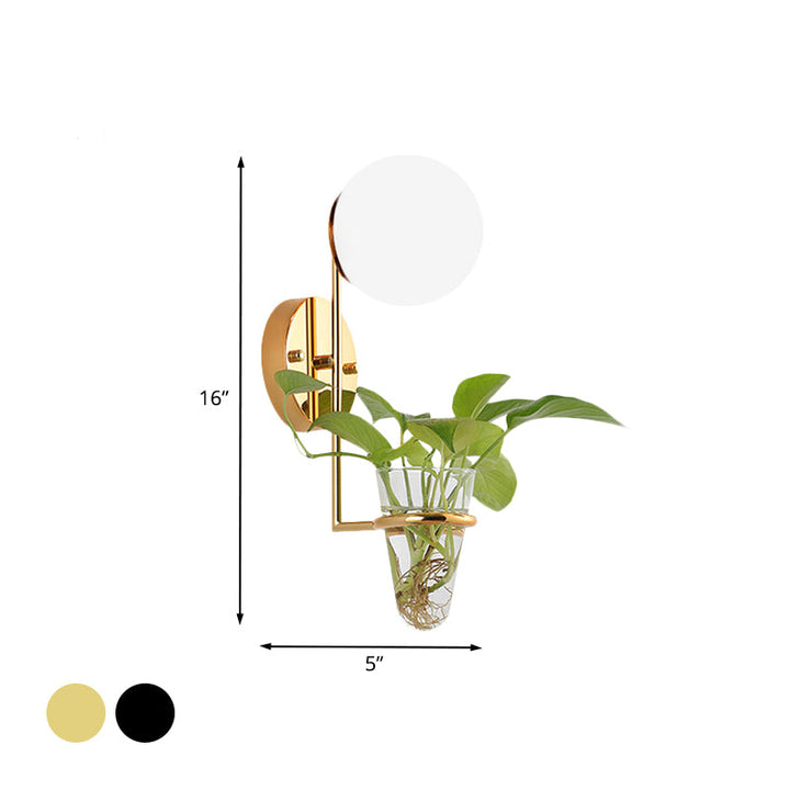 BowLift | 1 Bulb Wall Lamp Industrial Global Cream/Smoke Grey Glass Wall Light in Black/Gold with Clear Glass Plant Cup
