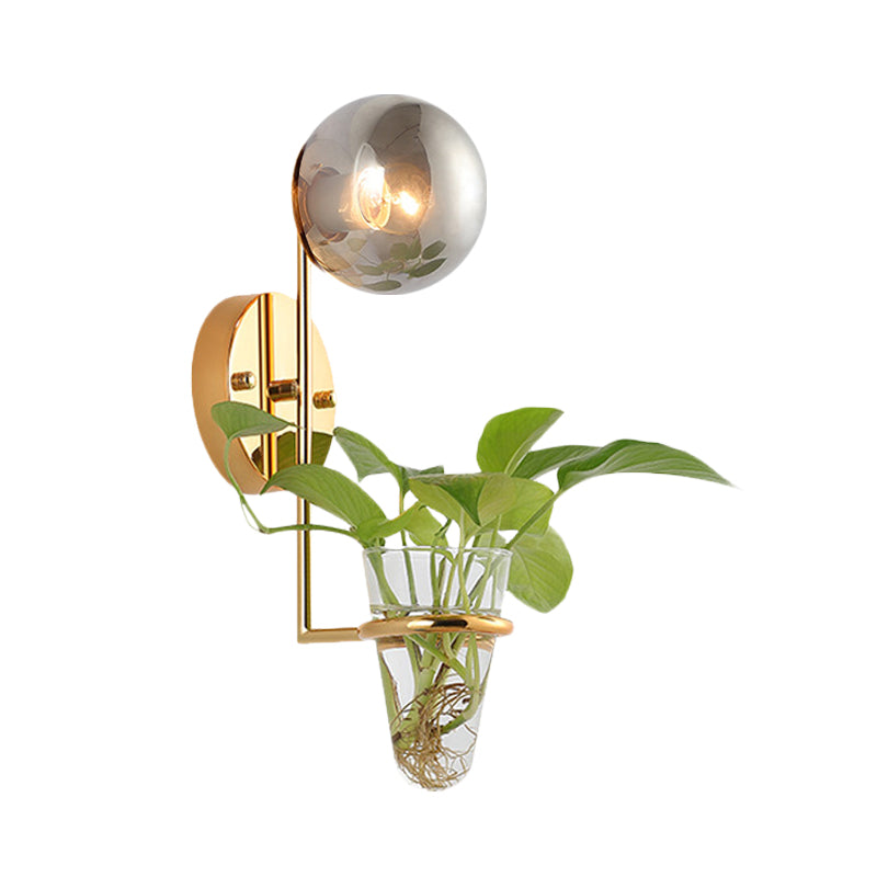 BowLift | 1 Bulb Wall Lamp Industrial Global Cream/Smoke Grey Glass Wall Light in Black/Gold with Clear Glass Plant Cup